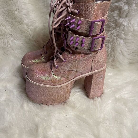 Sugar Thrillz Gothic Platform Pink Glitter lace upBoots  spikes accents SZ6 - Picture 4 of 13